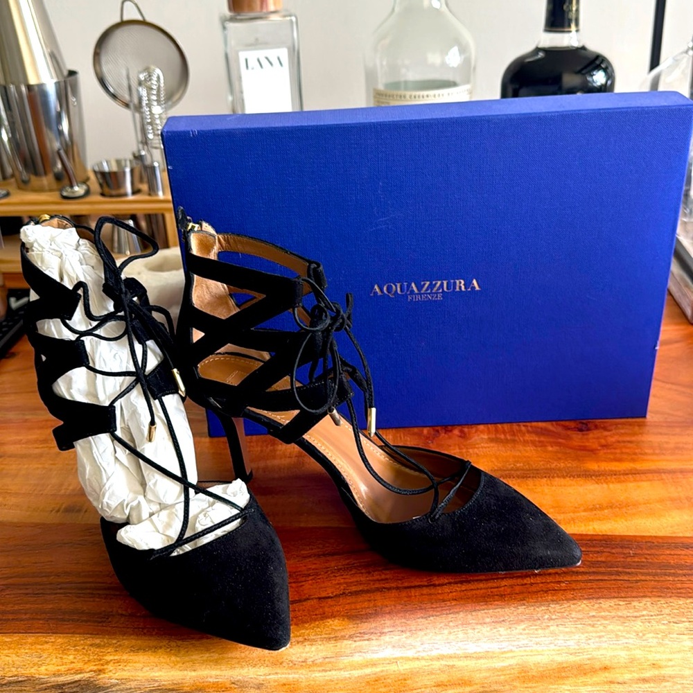 Acquazzura Belgravia Black Sueda Heel Sz 38